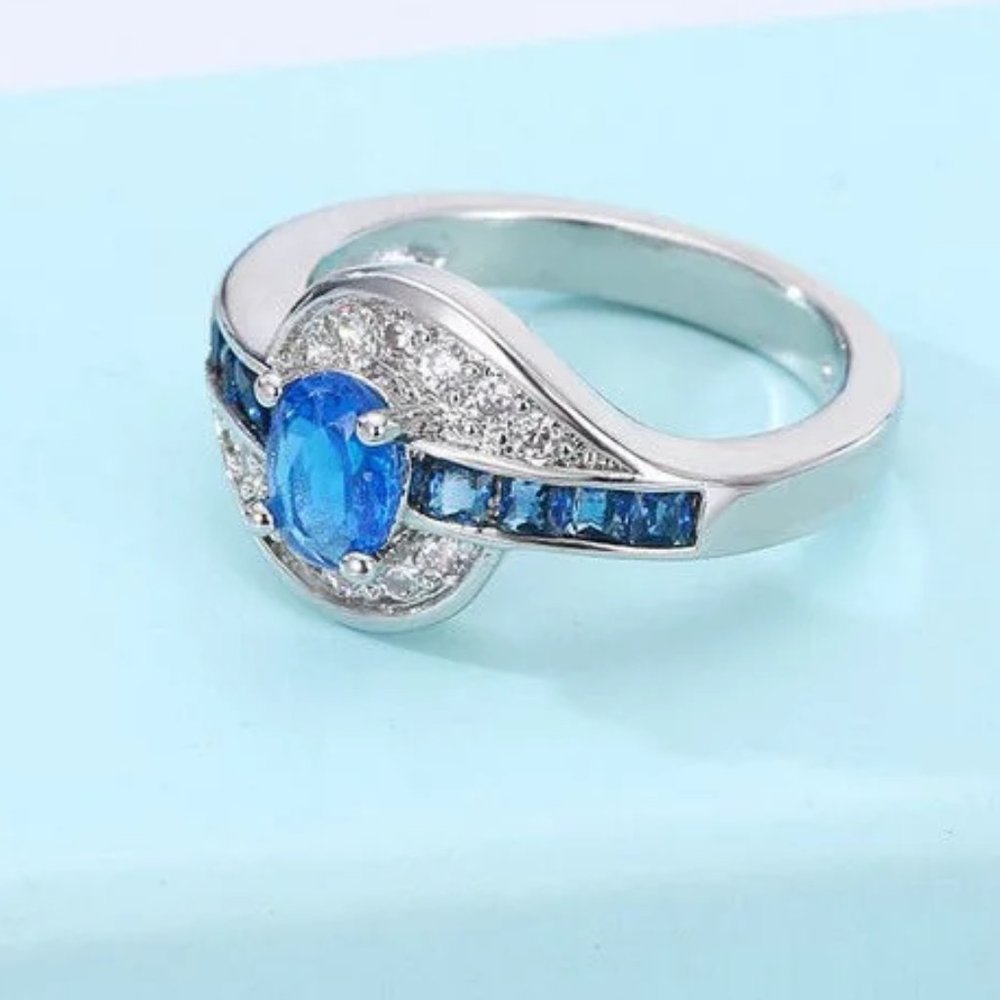 Ladies Blue Sapphire & White Oval Cut Bridal Ring .925 Solid Sterling Silver - Picture 6 of 7